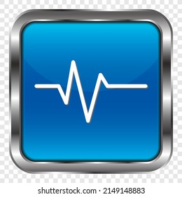 Heartbeat vector simple icon. Flat design. Metal, blue square button. Transparent grid.ai