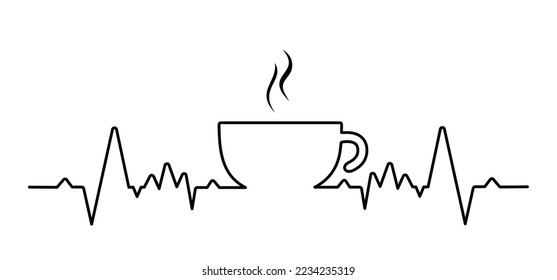 Heartbeat wave. Cartoon fresh coffee cup of thea cup in the morning. For coffee or tea bar. Relaxing, chill, motivation, inspiration message concept. Just moments, first break time.