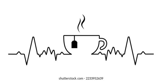 Heartbeat wave. Cartoon fresh cup of thea in the morning. For coffee or tea bar. Relaxing, chill, motivation, inspiration message concept. Just moments, first break time.