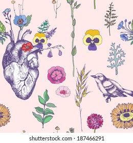 Heartblossom. Vector seamless pattern.