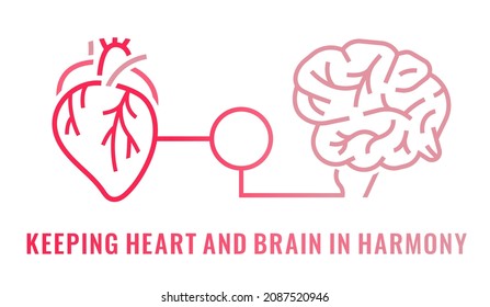 Heart-brain connection. Health of the heart and mind are Intertwined. Medical, scientific, healthcare concept. Stress relief. Editable vector illustration on a white background.