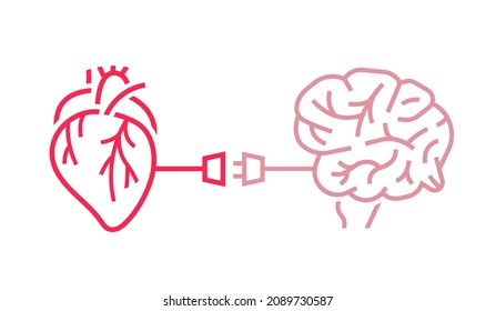 Conexión corazón-cerebro. La salud del corazón y la mente están entrelazadas. Concepto médico, científico, de salud. Alivio de estrés. Ilustración vectorial editable en un fondo blanco.