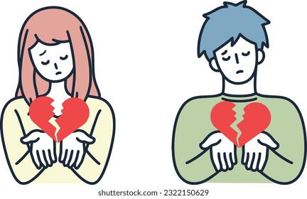 Heartbreak, broken heart, man and woman holding hearts set, simple illustration.