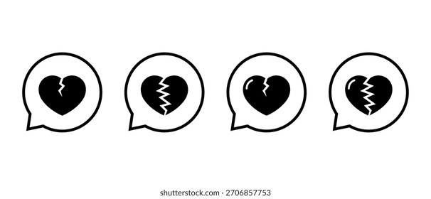 Desamor en el icono del contorno de la burbuja de chat. Símbolo de corazón agrietado. Ruptura y signo de reacción emocional