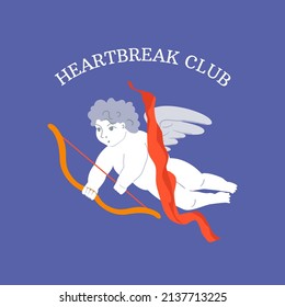Heartbreak club. Renaissance cupid with bow. Cute baby angel. Vector flat illustration.
