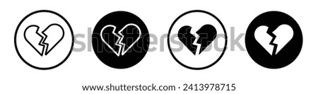 Heartbreak icon set. Break up heartbroken vector symbol in a black filled and outlined style. Divorced heart broke sign.