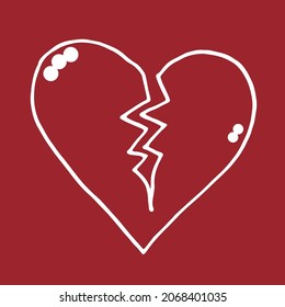 heartbreak illustration on red background. white outline, hand drawn vector. love icon, romantic background. valetine's day. crack heart. doodle art for wallpaper, greeting and invitation, poster. 