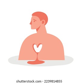 Heartbreak man, heartless guy, concept illustration about relationship, childhood trauma, psychological support. Flat vector icon on white background.