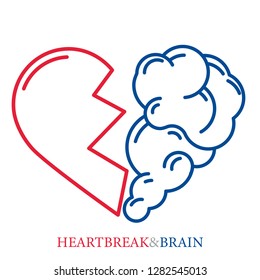 Heartbreak Vector. Broken Heart And Brain Flat Modern Icon Logo Vector Design. Interaction Between Soul And Intelligence, Emotions, Loneliness, Divorce, Broken Relationship, Rational Thinking 