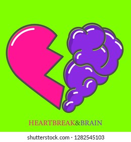 Heartbreak Vector. Broken Heart And Brain Flat Modern Icon Logo Vector Design. Interaction Between Soul And Intelligence, Emotions, Loneliness, Divorce, Broken Relationship, Rational Thinking 