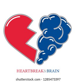 Heartbreak vector. Broken Heart and Brain flat modern icon logo vector design. Interaction between soul and intelligence, emotions, loneliness, divorce, broken relationship, rational thinking 