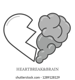 Heartbreak Vector. Broken Heart And Brain Flat Modern Icon Logo Vector Design. Interaction Between Soul And Intelligence, Emotions, Loneliness, Divorce, Broken Relationship, Rational Thinking 