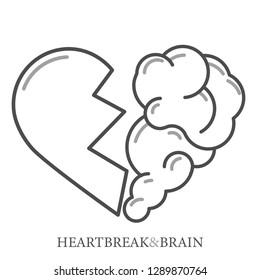 Heartbreak vector. Broken Heart and Brain flat modern icon logo vector design. Interaction between soul and intelligence, emotions, loneliness, divorce, broken relationship, rational thinking 