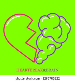 Heartbreak Vector. Broken Heart And Brain Flat Modern Icon Logo Vector Design. Interaction Between Soul And Intelligence, Emotions, Loneliness, Divorce, Broken Relationship, Rational Thinking 