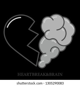 Heartbreak vector. Broken Heart and Brain flat modern icon logo vector design. Interaction between soul and intelligence, emotions, loneliness, divorce, broken relationship, rational thinking 