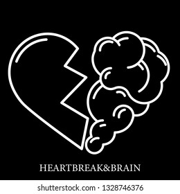 Heartbreak vector. Broken Heart and Brain flat modern icon logo vector design. Interaction between soul and intelligence, emotions, loneliness, divorce, broken relationship, rational thinking 