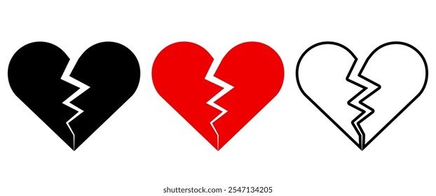 Heartbreak vector icon set, Love illustration, Break up graphic elements, Red and Black Broken heart sticker symbol for Decoration, Vector stock