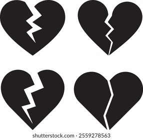 Heartbreak vector icon set, Love illustration, Break up graphic elements, Black Broken heart sticker symbol for Decoration.