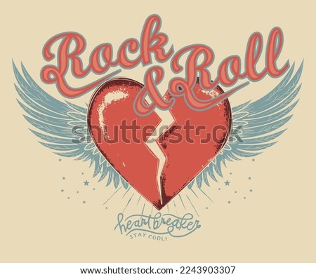 Heartbreak vector print design. Rock and roll poster. Eagle wing vintage print design for   sticker, poster, background and others.