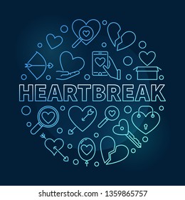 Heartbreak vector round blue outline illustration on dark background 