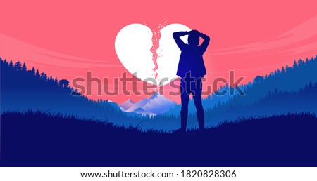 Heartbreak - Young man standing alone in nature with hands on head feeling frustrated, sad and betrayed. Broken heart, breakup and divorce concept. Vector illustration.