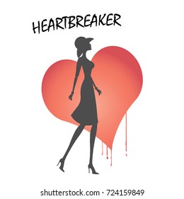 Heartbreaker. Silhouette of a girl against a broken heart. Print on T-shirt