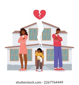 Heartbreaking Situation Of Child Witnessing A Marital Separation. Unhappy Kid Caught Between Quarreling Parents In Divorce Situation On Broken House Background. Cartoon People Vector Illustration