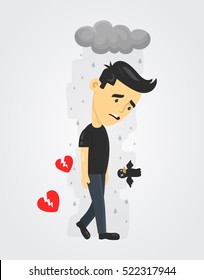 heartbroken alone sad young man guy. depression vector flat illustration fun concept. Broken heart love Despair Loneliness Unhappy Heartbroken. stress, love, breakups, lazy