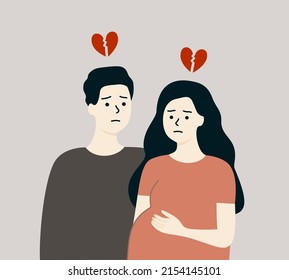 Heartbroken couple lost their child. Sad man and woman experiencing miscarriage. Pregnancy problem, sadness, depression, abortion, Mental Health concept. Flat people vector illustration.