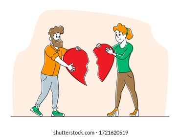 Heartbroken Couple Parting, Divorce. Man and Woman Characters Trying to Put Together Parts of Broken Heart. End of Unhappy Relations and Love, Despair Loneliness. Linear People Vector Illustration