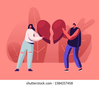 Heartbroken Couple Parting, Divorce. Sad Young Man and Woman Trying to Put Together Parts of Broken Heart. End of Unhappy Relations and Love, Despair Loneliness. Cartoon Flat Vector Illustration