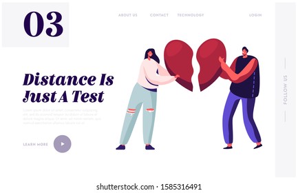 Heartbroken Couple Parting, Divorce Website Landing Page. Sad Young Man and Woman Trying to Put Together Parts of Broken Heart. End of Unhappy Love Web Page Banner. Cartoon Flat Vector Illustration