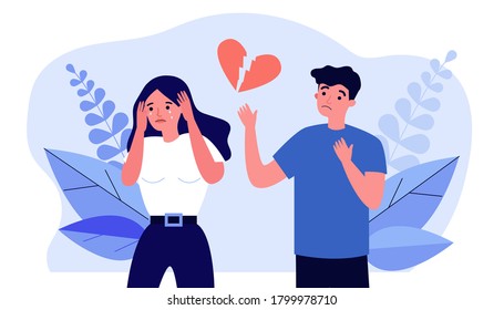 Heartbroken couple splitting up. Stressed upset man and crying woman separating flat vector illustration. Breakup, unhappy relationship concept for banner, website design or landing web page