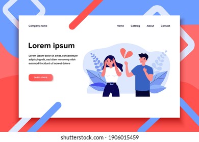 Heartbroken couple splitting up. Stressed upset man and crying woman separating flat vector illustration. Breakup, unhappy relationship concept for banner, website design or landing web page