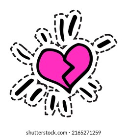 Heartbroken feeling expression in social media or online communication. Chatting broke heart with effect of crack and lines. Cartoon decor. Sticker or label, isolated icon, vector in flat style