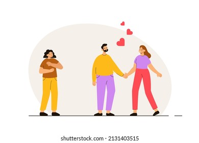 Heartbroken girlfriend seeing her boyfriend with another woman. Love triangle. Jealousy, mistrust, betrayal, cheating concept. Modern flat vector illustration