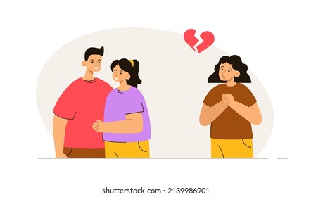 Heartbroken girlfriend seeing her boyfriend with another woman. Love triangle. Jealousy, mistrust, betrayal, cheating concept. Modern flat vector illustration