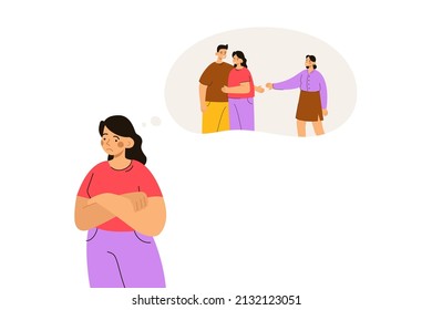 Heartbroken girlfriend thinking about her boyfriend with another woman. Love triangle. Jealousy, mistrust, betrayal, cheating concept. Modern flat vector illustration