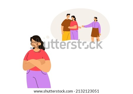 Heartbroken girlfriend thinking about her boyfriend with another woman. Love triangle. Jealousy, mistrust, betrayal, cheating concept. Modern flat vector illustration