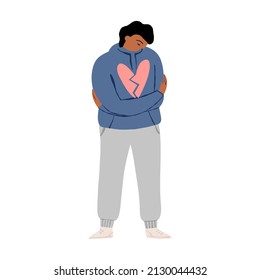 Heartbroken guy hugging himself. Depression, loneliness, empathy, feeling lost, divorce or separating concept. Vector character isolated illustration.