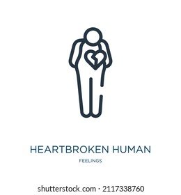 icono de la línea delgada humana con el corazón roto. íconos lineales médicos de los sentimientos, signo de contorno aislado. Elemento de símbolo de ilustración vectorial para diseño web y aplicaciones.