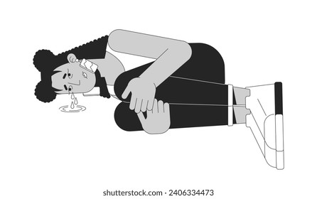 Heartbroken latina woman lying curled up black and white 2D line cartoon character. Suffering period cramps girl isolated vector outline person. Emotional stress monochromatic flat spot illustration