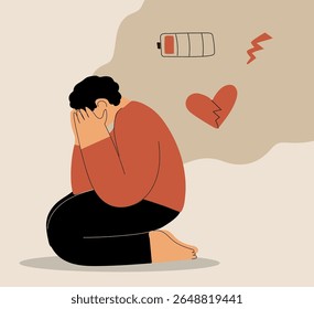 Heartbroken man in depression crying isolated. Tired  character with mental health problem, awareness concept. Cute vector illustration in hand drawn flat style.