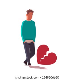 heartbroken sad man in depression life crisis break up divorce concept guy standing near broken heart flat full length vector illustration