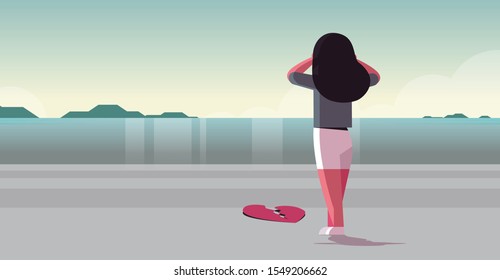 heartbroken sad woman in depression holding head life crisis break up divorce concept rear view girl standing on beach near broken heart seascape background flat full length horizontal vector