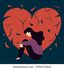 Heartbroken sad woman sitting alone with broken heart on background. Ending relationship and sorrow concept.