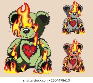 A heartbroken teddy bear consumed by flames.