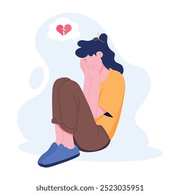 Mujer desconsolada que oculta su cara con las manos y llorando, ilustración plana  