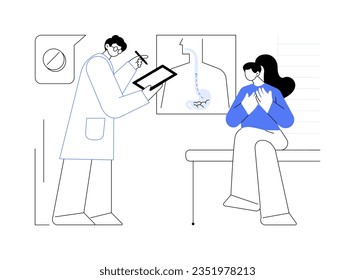 Ilustración vectorial de concepto abstracto de Heartburn. La mujer se queja de ardor de estómago en la oficina de médicos en el hospital, el sector gastroenterológico, el examen médico, la metáfora abstracta del reflujo ácido.