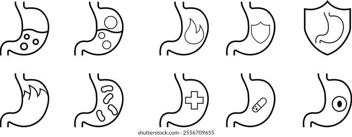 Heartburn black glyph icon set. Stomach ache. Food poisoning. Gastrointestinal problem. Inflammation in organ. Silhouette symbol space. Gastritis and acid reflux indigestion and stomach pain problems.